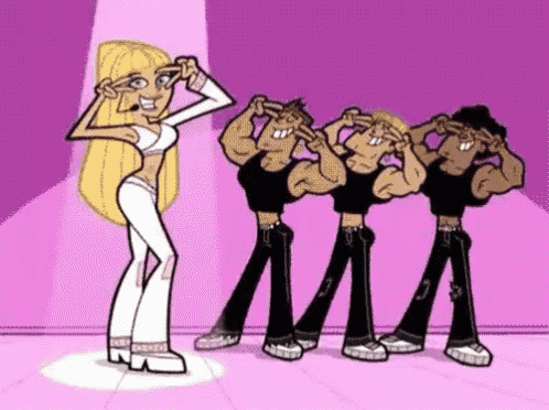 a group of cartoon characters are standing next to each other on a stage and making funny faces .
