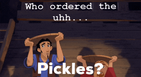 a cartoon of two men carrying baskets with the words who ordered the pickles
