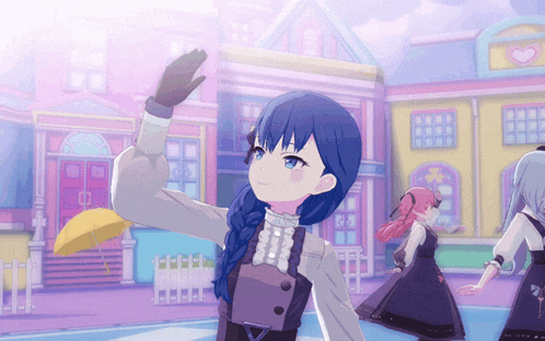 a girl with blue hair is waving her hand in front of a doll house