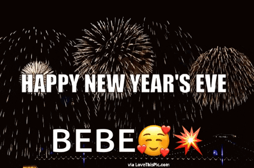 a happy new year 's eve greeting with fireworks behind it