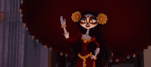 a day of the dead cartoon character is wearing a red dress and a large hat .
