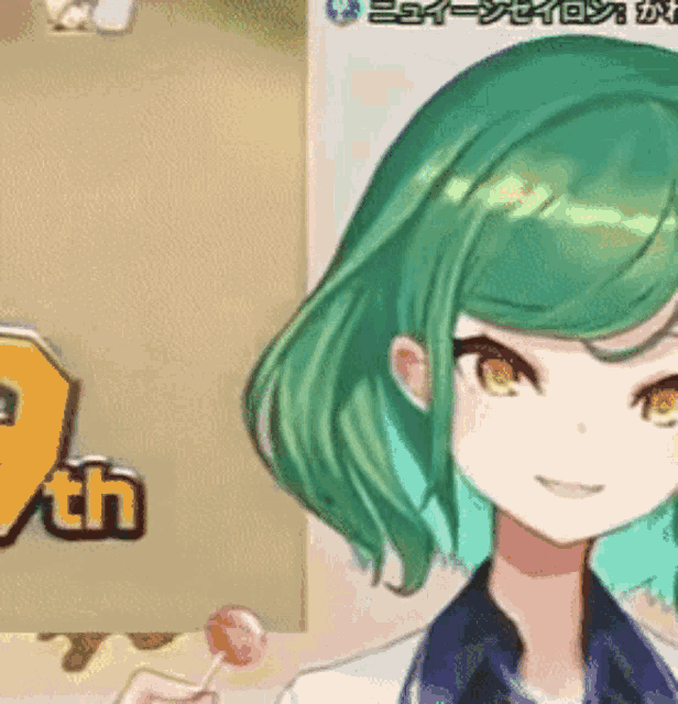 a girl with green hair is holding a lollipop