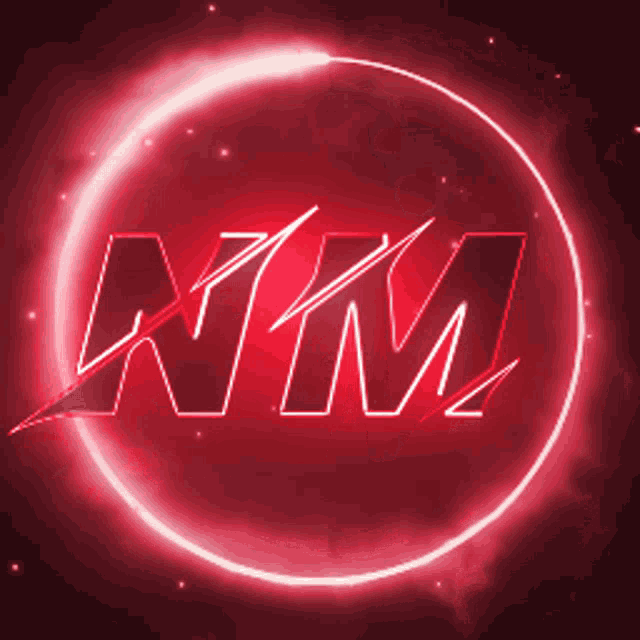 a glowing red circle with the word nm inside of it