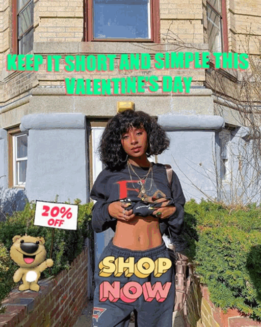 a woman holding a sign that says 20 % off shop now