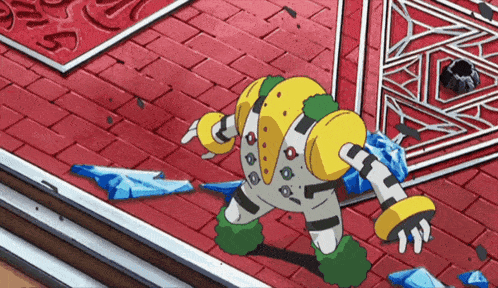 a cartoon character is standing on a brick floor with a red background