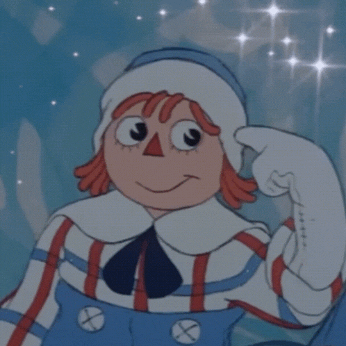 a cartoon doll with red hair and white gloves is flexing his arm