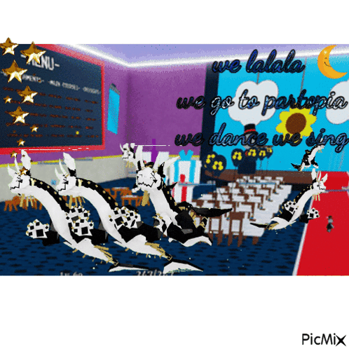 a picture of a classroom with the words we lalala we go to partipia we dance we sing