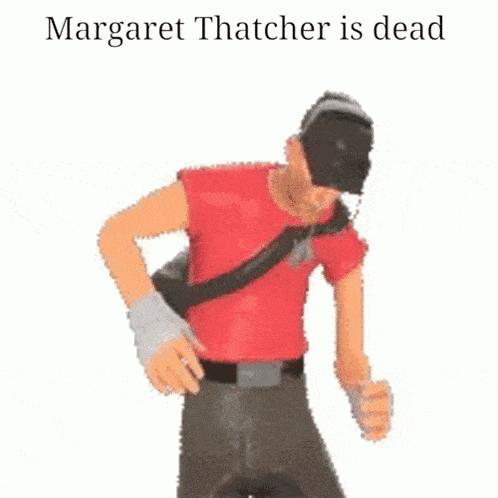 a cartoon character is dancing with the words margaret thatcher is dead .