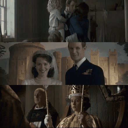 a collage of images shows a bride and groom and a queen and king
