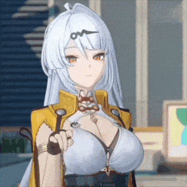 a girl with white hair and a yellow jacket has a large breast