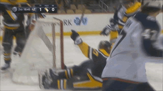a hockey game is being played and the score is 1-0