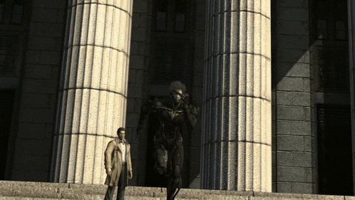 a statue of a man is standing in front of a building