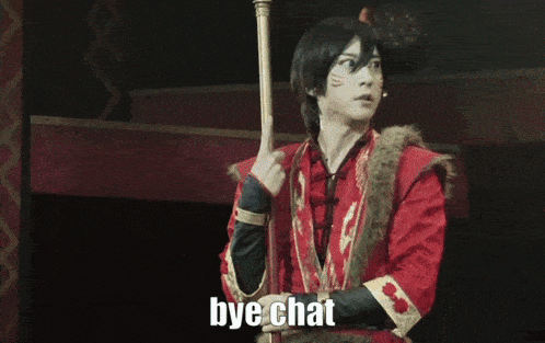 a man in a red coat is holding a sword and the words bye chat are above him