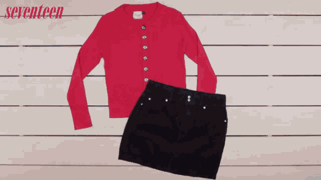 a red sweater and a black skirt are displayed on a wooden surface with the words seventeen above them