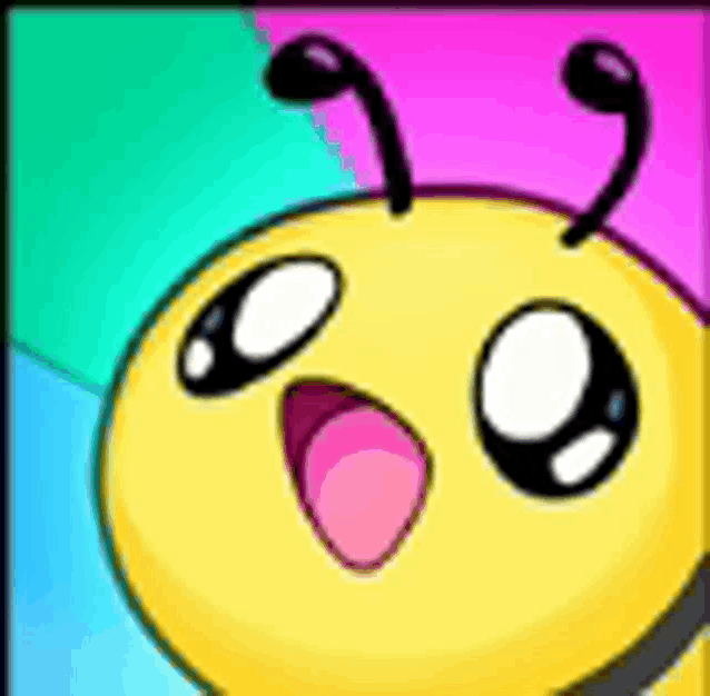 a close up of a cartoon bee with a pink tongue .