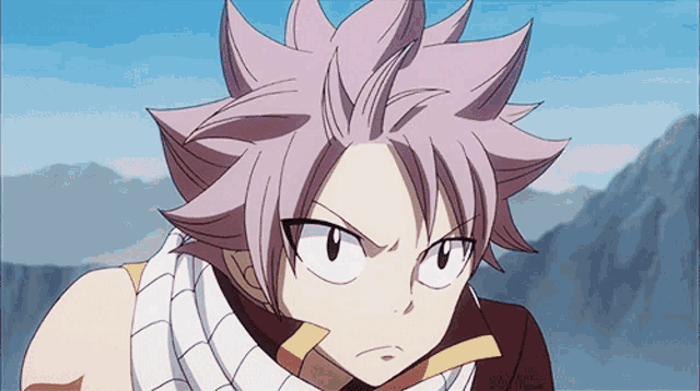a close up of a anime character with purple hair