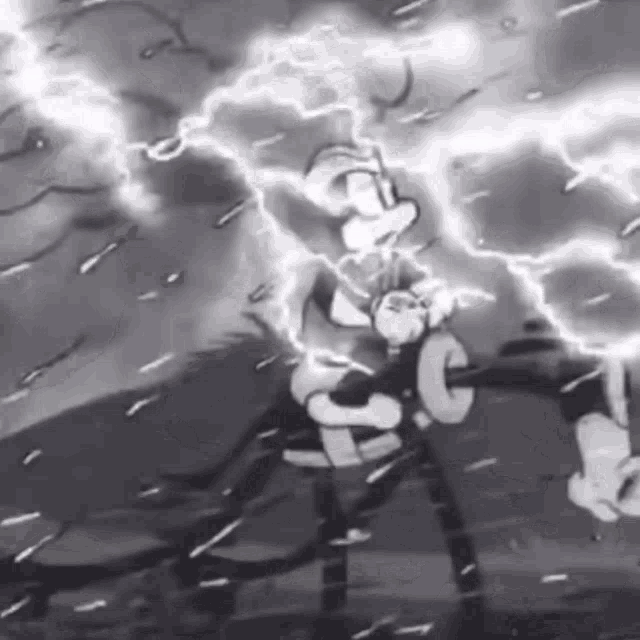 a black and white photo of a cartoon character being struck by lightning .