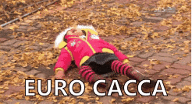 a little girl is laying on the ground with the words euro caccia written on the bottom