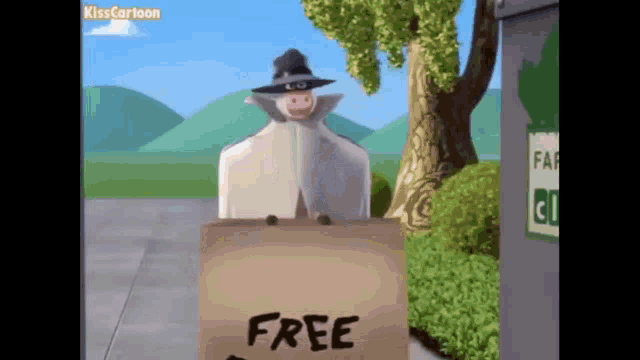 a cartoon character is holding a cardboard sign that says free