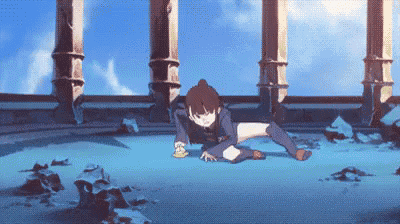 a girl in a school uniform is crawling on the ground in a room with columns .