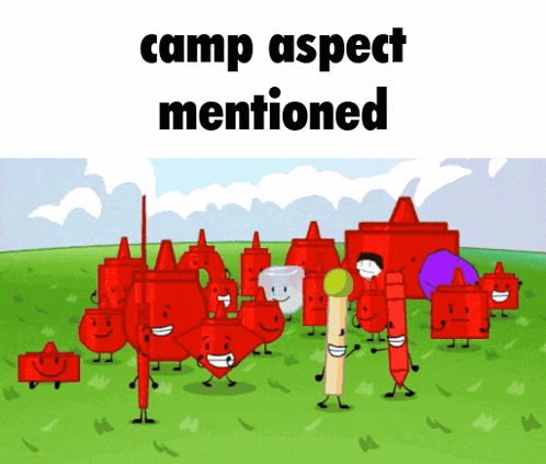 a group of red cartoon characters are standing in a field with the caption camp aspect mentioned