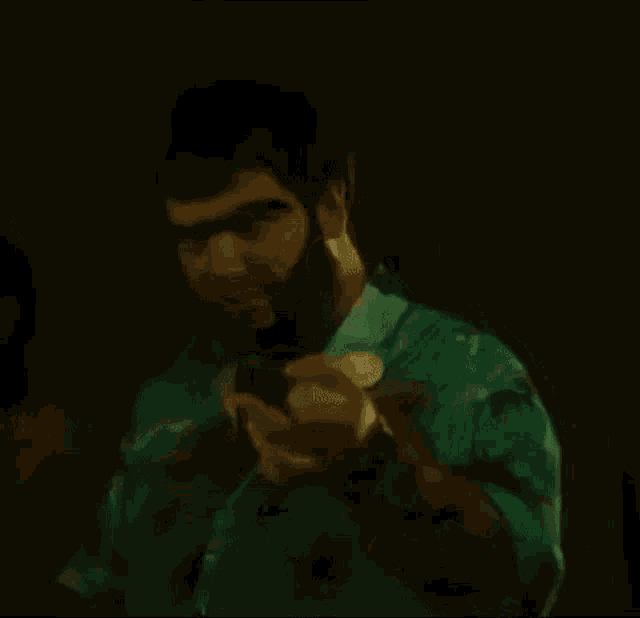 a painting of a man in a green shirt with a badge on his chest