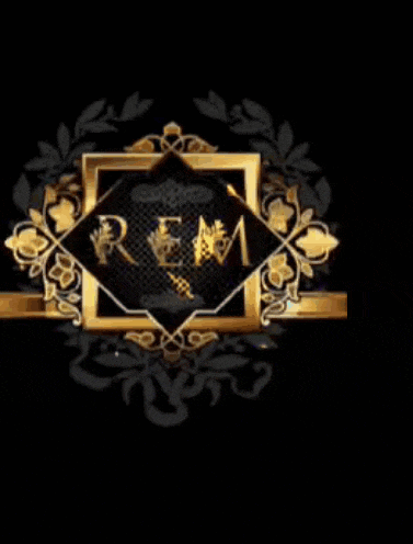 a gold and black logo with the word rem in the middle