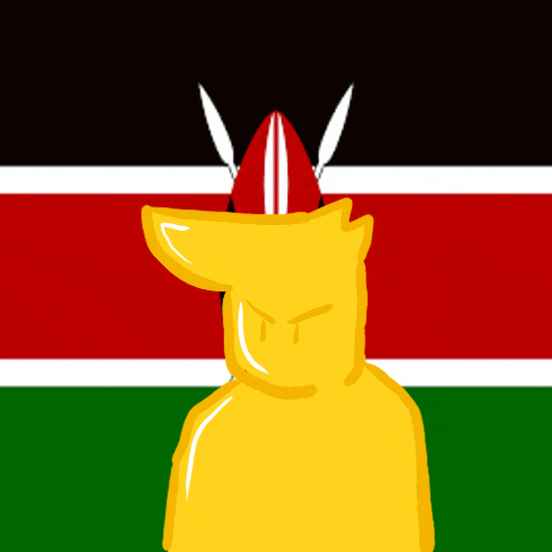 a cartoon drawing of a yellow animal wearing a red and white hat