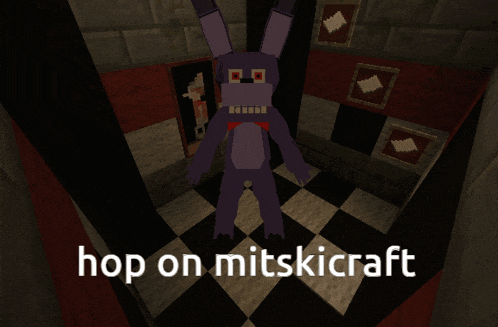 a purple bunny in a dark room with the words hop on mitskicraft below it