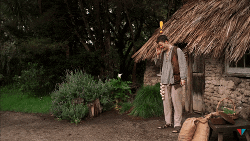 a man standing in front of a thatched hut