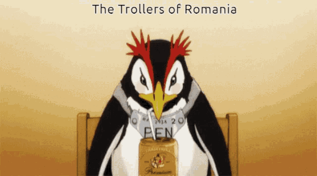 a cartoon penguin holding a can of pen