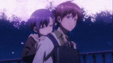 a girl with purple hair is hugging a boy