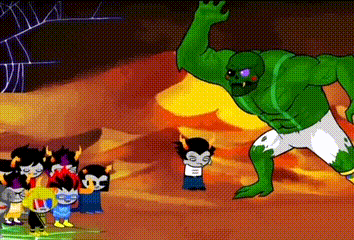 a cartoon of a group of trolls standing around a green monster .