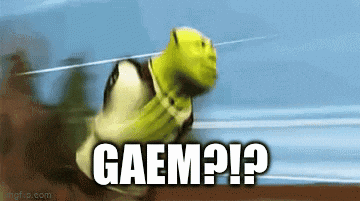 shrek from shrek is running and says gaem