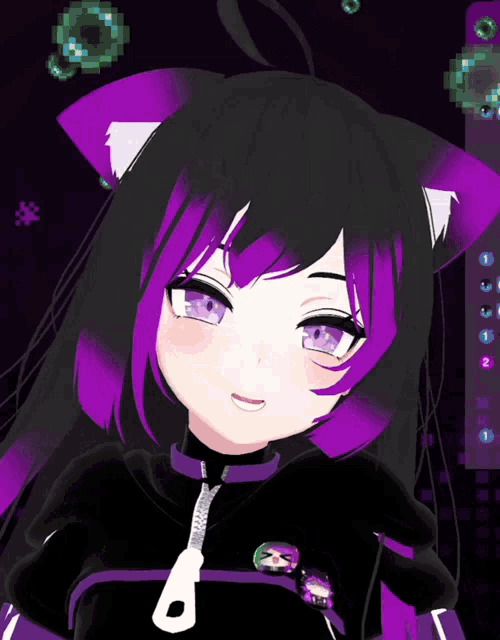 a girl with purple hair and cat ears has a zipper on her jacket