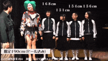 a group of girls are standing next to each other with the tallest girl standing at 190cm