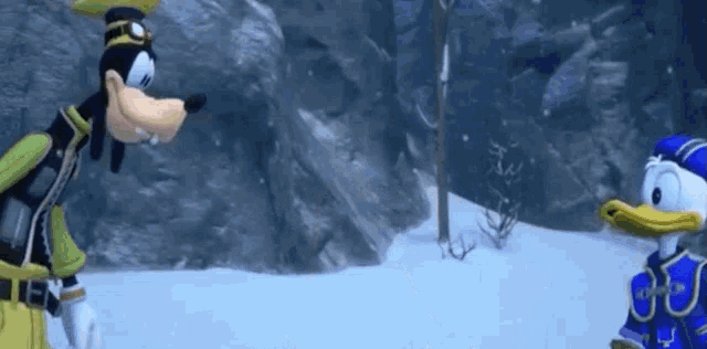 goofy and donald duck are standing in the snow and talking to each other .