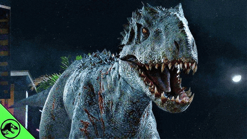 a t-rex with its mouth open and a jurassic park logo in the corner