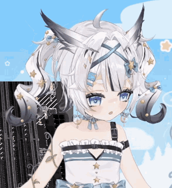 a girl with white hair and gray ears is standing in front of a blue sky