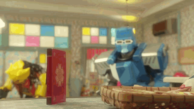 a robot is standing next to a basket of crackers in a room
