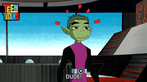 a cartoon character from teen titans is standing in a room