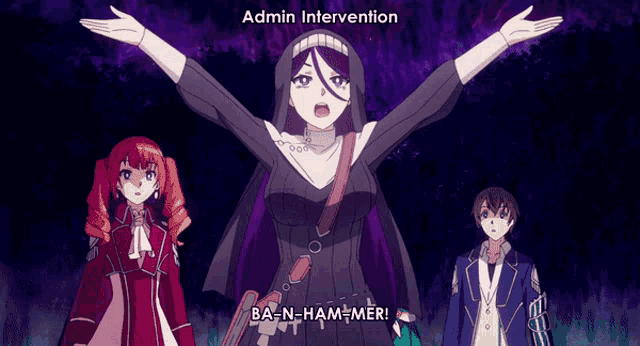 a group of anime characters are standing next to each other with the words admin intervention written above them