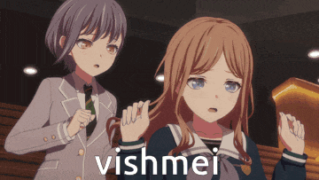 two anime girls are standing next to each other and the word vishmei is on the bottom right