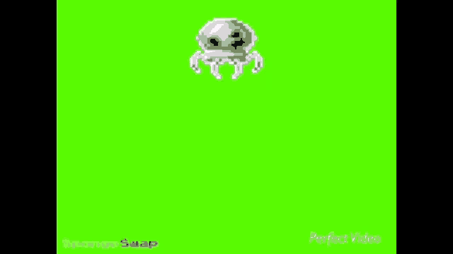 a pixel art drawing of a spongebob squarepants character flying in the air on a green screen .