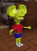 a cartoon character with big ears is standing on a wooden floor .