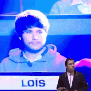 a man in a suit stands in front of a screen that says lois on it