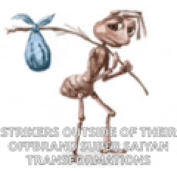 a cartoon ant is carrying a blue bag on a stick .