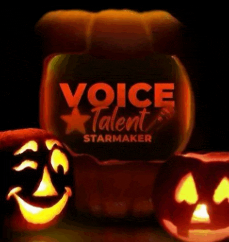 three carved pumpkins are lit up in front of a pumpkin that says voice talent starmaker