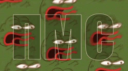 a green background with a bunch of frog faces and the word nmc