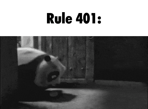 a black and white photo of a panda bear in a cage with the words `` rule 401 '' written above it .